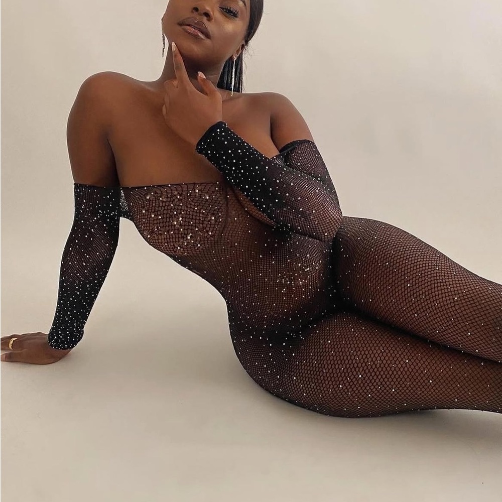 SHEIN Black Sheer Rhinestone Bodysuit